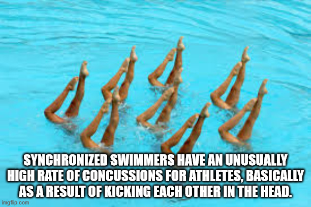 synchronized swimmers - Synchronized Swimmers Have An Unusually High Rate Of Concussions For Athletes, Basically As A Result Of Kicking Each Other In The Head. imgflip.com