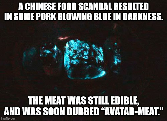 boston fire department - A Chinese Food Scandal Resulted In Some Pork Glowing Blue In Darkness. The Meat Was Still Edible, And Was Soon Dubbed AvatarMeat." imgflip.com