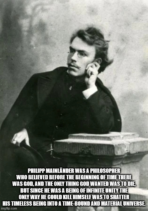 Philipp Mainlnder Was A Philosopher Who Believed Before The Beginning Of Time There Was God, And The Only Thing God Wanted Was To Die, But Since He Was A Being Of Infinite Unity The Only Way He Could Kill Himself Was To Shatter His Timeless Being Into A…