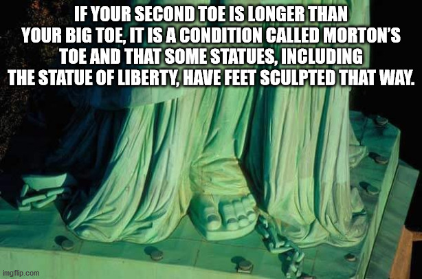 Post Traumatic Slave Syndrome - If Your Second Toe Is Longer Than Your Big Toe, It Is A Condition Called Morton'S Toe And That Some Statues, Including The Statue Of Liberty, Have Feet Sculpted That Way. imgflip.com