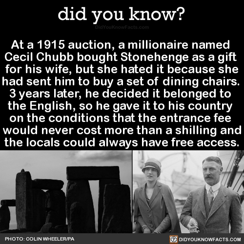 kancho game - did you know? DidYouKnowFacts.com At a 1915 auction, a millionaire named Cecil Chubb bought Stonehenge as a gift for his wife, but she hated it because she had sent him to buy a set of dining chairs. 3 years later, he decided it belonged to 