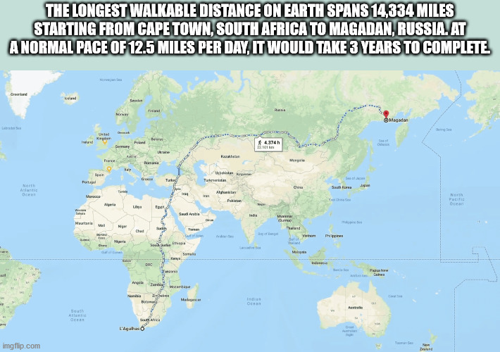 map - The Longest Walkable Distance On Earth Spans 14,334 Miles Starting From Cape Town, South Africa To Magadan, Russia. At A Normal Pace Of 12.5 Miles Per Day, It Would Take 3 Years To Complete Greenland Sweder Moty Magadan United Trend Der 4.374 h 22.1