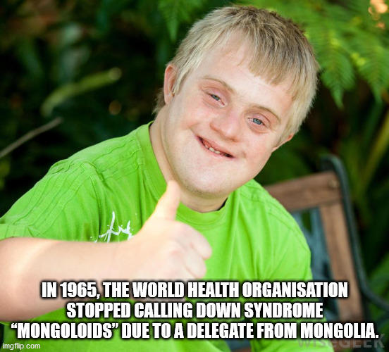 down syndrome happy birthday - In 1965, The World Health Organisation Stopped Calling Down Syndrome "Mongoloids" Due To A Delegate From Mongolia. imgflip.com Rocca