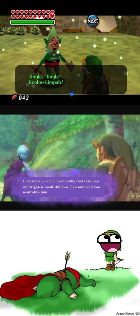 zelda skyward sword memes - Next Tingle, Tingle! KoolooLimpah! 042 I calculate a 79.8% probability that this man will frighten small children. I recommend you neutralize him. Skip Anna Olsson Os
