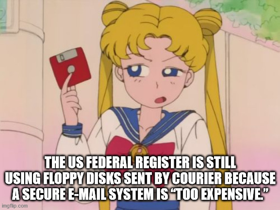 sailor moon floppy disk - The Us Federal Register Is Still Using Floppy Disks Sent By Courier Because A Secure EMail System Is Too Expensive" imgflip.com
