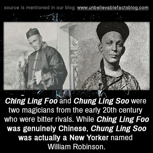 ching ling foo - source is mentioned in our blog Ching Ling Foo and Chung Ling Soo were two magicians from the early 20th century who were bitter rivals. While Ching Ling Foo was genuinely Chinese, Chung Ling Soo was actually a New Yorker named William Ro