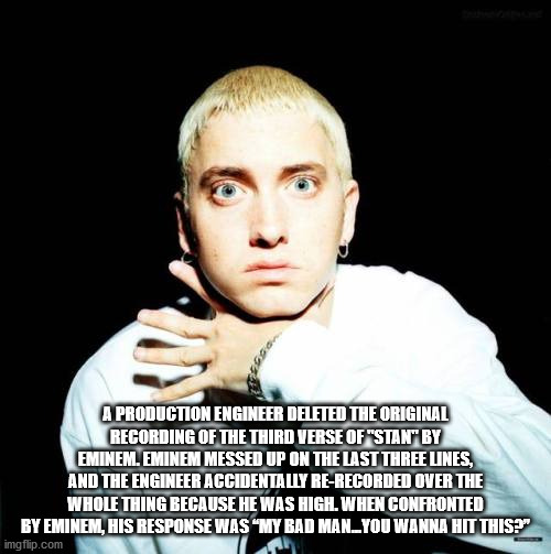 photo caption - A Production Engineer Deleted The Original Recording Of The Third Verse Of "Stan" By Eminem. Eminem Messed Up On The Last Three Lines, And The Engineer Accidentally ReRecorded Over The Whole Thing Because He Was High. When Confronted By Em