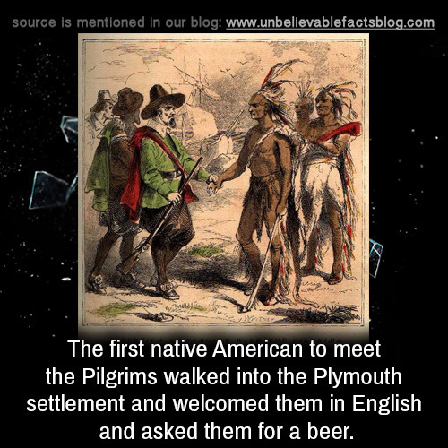 13 colonies pilgrims - source is mentioned in our blog The first native American to meet the Pilgrims walked into the Plymouth settlement and welcomed them in English and asked them for a beer.