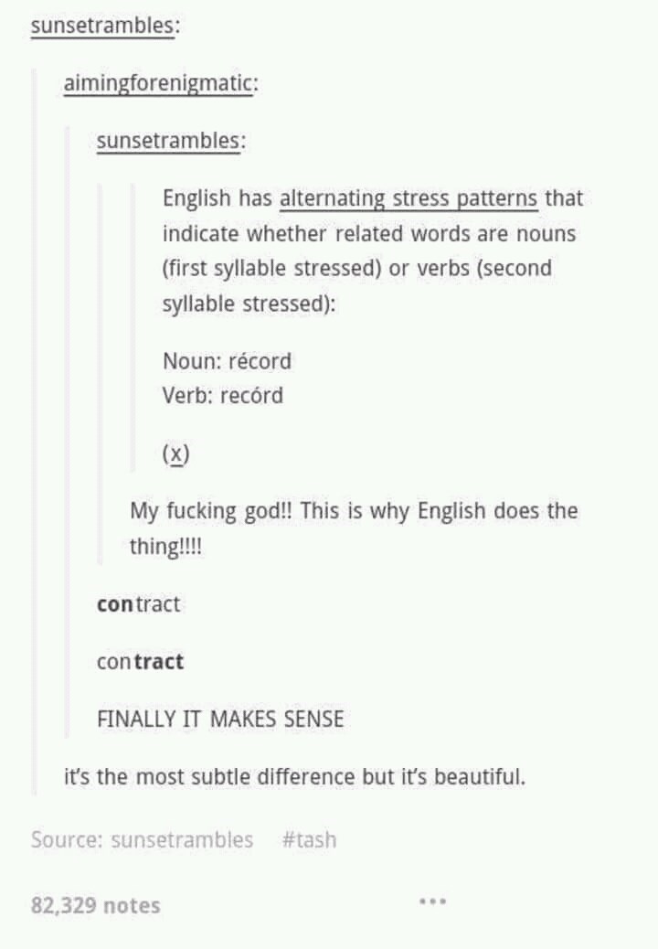 paper - sunsetrambles aimingforenigmatic sunsetrambles English has alternating stress patterns that indicate whether related words are nouns first syllable stressed or verbs second syllable stressed Noun rcord Verb record My fucking god!! This is why Engl