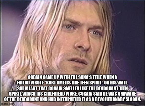 kurt cobain doge - Cobain Came Up With The Song'S Title When A Friend Wrote Kurt Smells Teen Spirit On His Wall. She Meant That Cobain Smelled The Deodorant Teen Spirit, Which His Girlfriend Wore. Cobain Said He Was Unaware Of The Deodorant And Had Interp