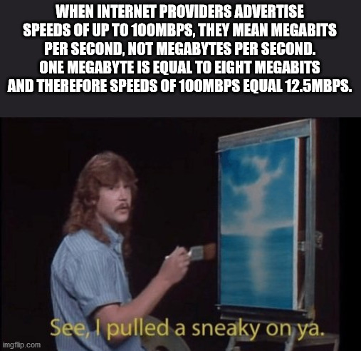 telekom malaysia - When Internet Providers Advertise Speeds Of Up To 100MBPS, They Mean Megabits Per Second, Not Megabytes Per Second. One Megabyte Is Equal To Eight Megabits And Therefore Speeds Of 100MBPS Equal 12.5MBPS. See, I pulled a sneaky on ya. im