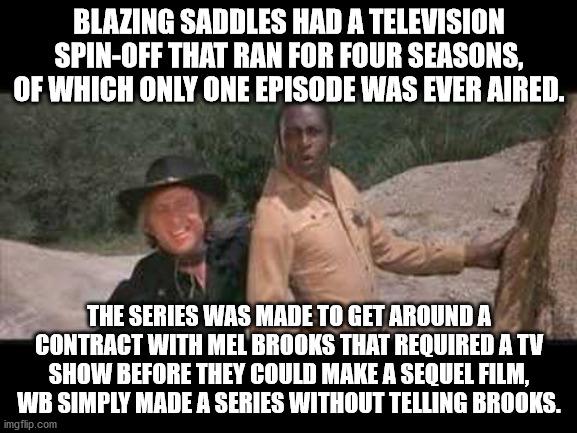 untitled \"last time\" - Blazing Saddles Had A Television SpinOff That Ran For Four Seasons, Of Which Only One Episode Was Ever Aired. The Series Was Made To Get Around A Contract With Mel Brooks That Required A Tv Show Before They Could Make A Sequel Fil