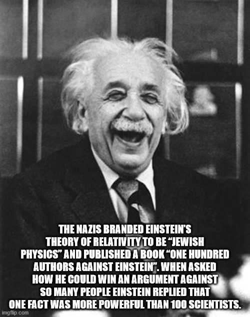 nice joke - The Nazis Branded Einstein'S Theory Of Relativity To Be "Jewish Physics" And Published A Book "One Hundred Authors Against Einstein". When Asked How He Could Win An Argument Against So Many People Einstein Replied That One Fact Was More Powerf