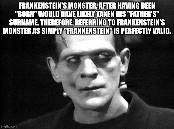 photo caption - Frankenstein'S Monster, After Having Been "Born" Would Have ly Taken His "Father'S" Surname. Therefore, Referring To Frankenstein'S Monster As Simply "Frankenstein" Is Perfectly Valid. imgflip.com