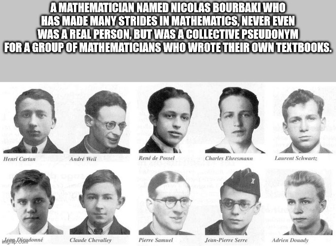 A Mathematician Named Nicolas Bourbaki Who Has Made Many Strides In Mathematics, Never Even Was A Real Person, But Was A Collective Pseudonym For A Group Of Mathematicians Who Wrote Their Own Textbooks. Henri Cartan Andr Weil Ren de Possel Charles…