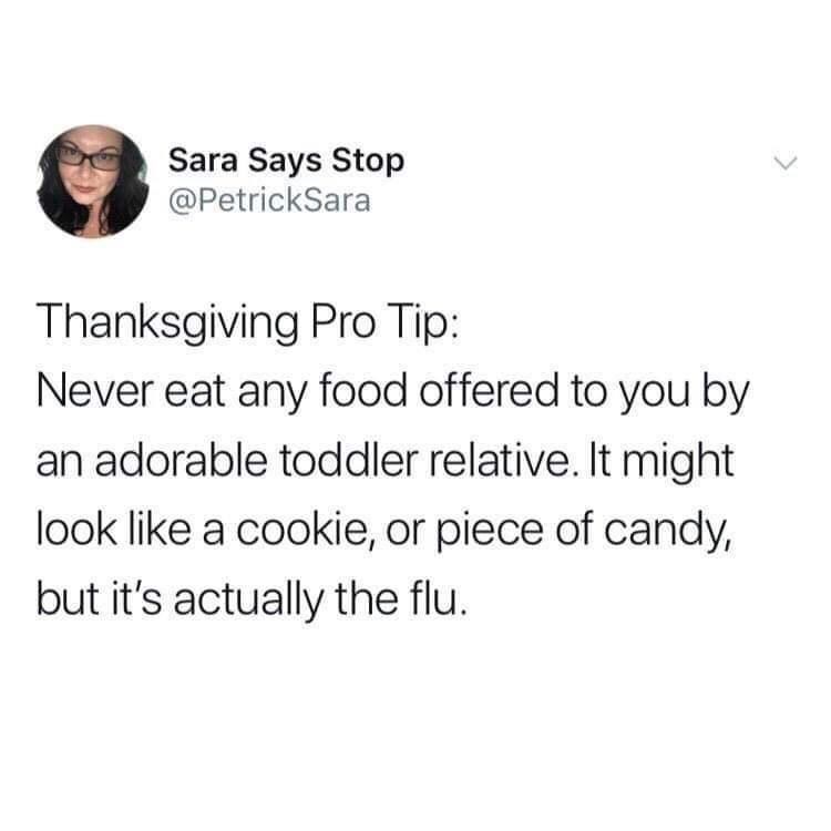 Food - Sara Says Stop Thanksgiving Pro Tip Never eat any food offered to you by an adorable toddler relative. It might look a cookie, or piece of candy, but it's actually the flu.
