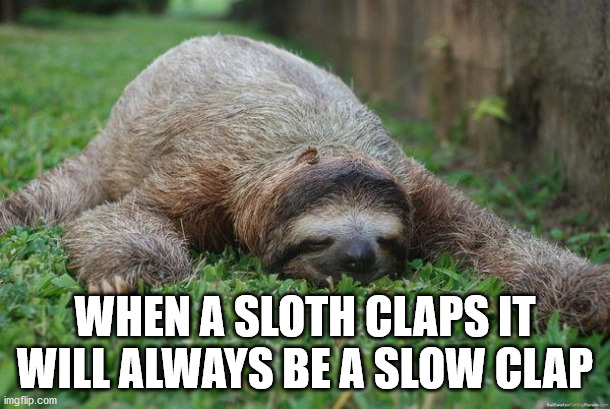 sloth meme - When A Sloth Claps It Will Always Be A Slow Clap imgflip.com