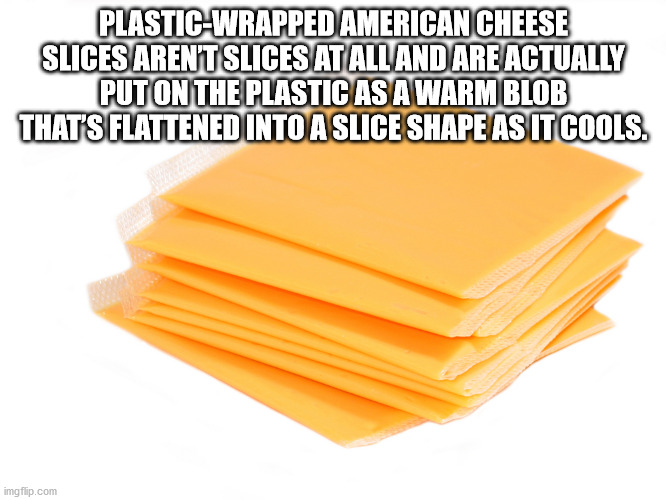 cooking - PlasticWrapped American Cheese Slices Aren'T Slices At All And Are Actually Put On The Plastic As A Warm Blob That'S Flattened Into A Slice Shape As It Cools. imgflip.com