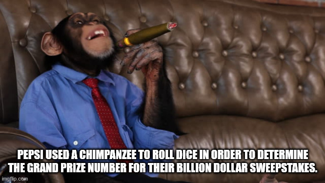 photo caption - Pepsi Used A Chimpanzee To Roll Dice In Order To Determine The Grand Prize Number For Their Billion Dollar Sweepstakes. imgflip.com