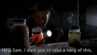 supernatural hell house gif - Hey, Sam. I dare you to take a swig of this.