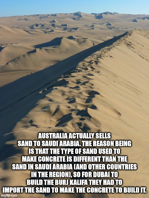 caption of sand - Australia Actually Sells Sandto Saudi Arabia. The Reason Being Is That The Type Of Sand Used To Make Concrete Is Different Than The Sand In Saudi Arabia And Other Countries In The Region, So For Dubai To Build The Burj Kalifa They Had To