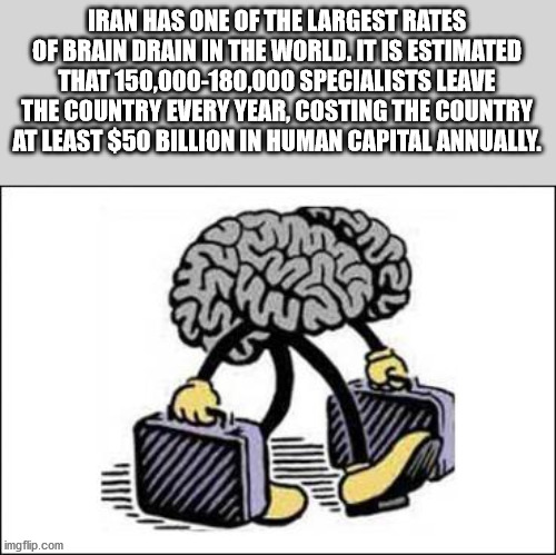 brain drain - Iran Has One Of The Largest Rates Of Brain Drain In The World. It Is Estimated That 150,000180,000 Specialists Leave The Country Every Year, Costing The Country At Least $50 Billion In Human Capital Annually. imgflip.com