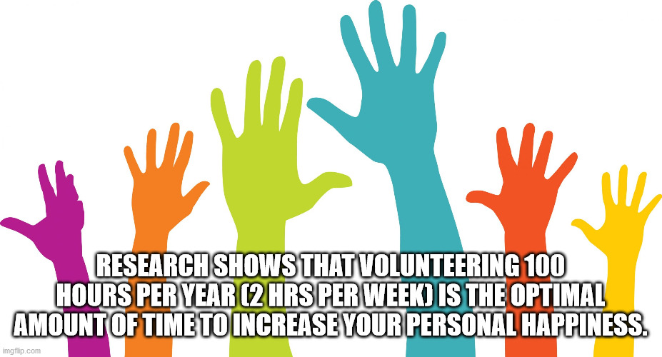 committee volunteers needed - Research Shows That Volunteering 100 Hours Per Year 2 Hrs Per Week Is The Optimal Amount Of Time To Increase Your Personal Happiness. imgflip.com