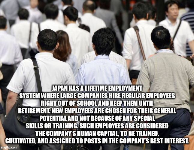 crowd - Japan Has A Lifetime Employment System Where Large Companies Hire Regular Employees Right Out Of School And Keep Them Until Retirement. New Employees Are Chosen For Their General Potential And Not Because Of Any Special Skills Or Training. Such Em