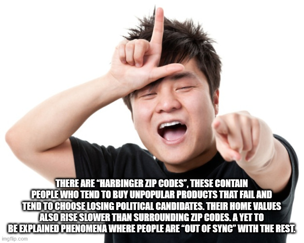 l loser - There Are Harbinger Zip Codes", These Contain People Who Tend To Buy Unpopular Products That Fail And Tend To Choose Losing Political Candidates. Their Home Values Also Rise Slower Than Surrounding Zip Codes. A Yet To Be Explained Phenomena Wher