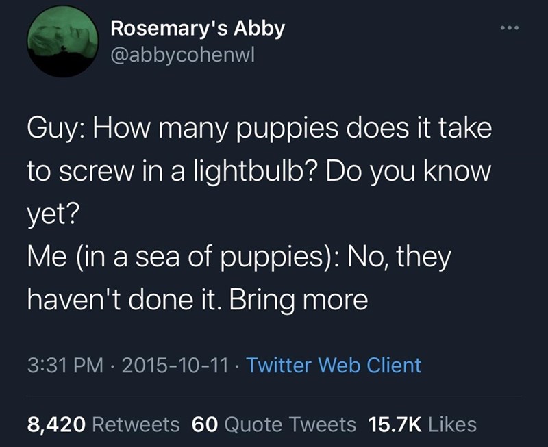 atmosphere - Rosemary's Abby Guy How many puppies does it take to screw in a lightbulb? Do you know yet? Me in a sea of puppies No, they haven't done it. Bring more Twitter Web Client 8,420 60 Quote Tweets