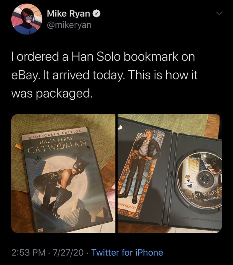 angle - Mike Ryan Tordered a Han Solo bookmark on eBay. It arrived today. This is how it was packaged. 5 Widescreen Edition Halle Berry Catwoman Jb Dvd Catwom Widescreen Han Solo Dvd 72720 Twitter for iPhone