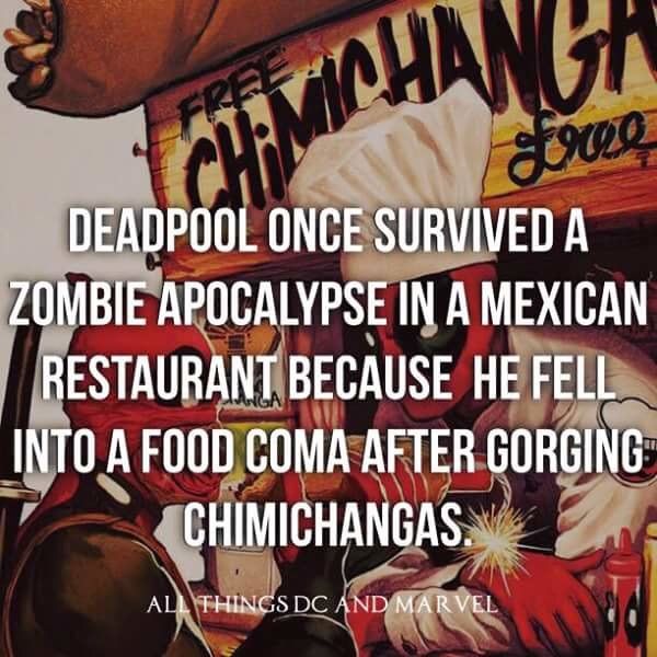 deadpool chimichanga - Michanga strong Deadpool Once Survived A Zombie Apocalypse In A Mexican Restaurant Because He Fell Into A Food Coma After Gorging Chimichangas. All Things Dc And Marvel