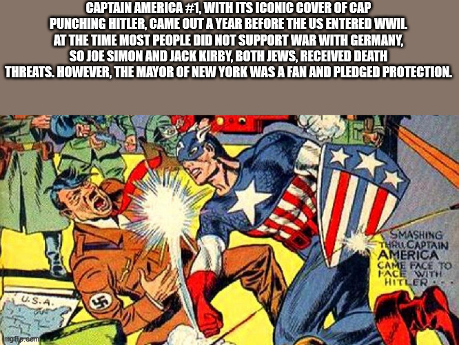 captain america punching hitler - Captain America , With Its Iconic Cover Of Cap Punching Hitler, Came Out A Year Before The Us Entered Wwil At The Time Most People Did Not Support War With Germany, So Joe Simon And Jack Kirby, Both Jews, Received Death T