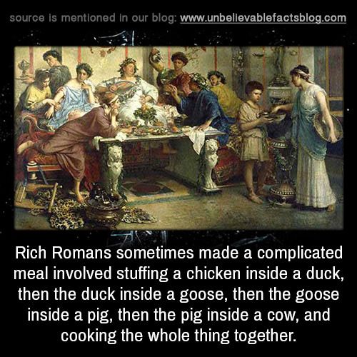 ancient roman feast - source is mentioned in our blog Rich Romans sometimes made a complicated meal involved stuffing a chicken inside a duck, then the duck inside a goose, then the goose inside a pig, then the pig inside a cow, and cooking the whole thin