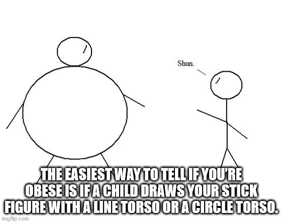 tyagi ji - Shun. The Easiest Way To Tell If You'Re Obese Is If A Child Draws Your Stick Figure With A Line Torso Or A Circle Torso. imgflip.com