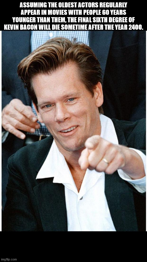 kevin bacon happy birthday meme - Assuming The Oldest Actors Regularly Appear In Movies With People 60 Years Younger Than Them, The Final Sixth Degree Of Kevin Bacon Will Die Sometime After The Year 2400. imgflip.com