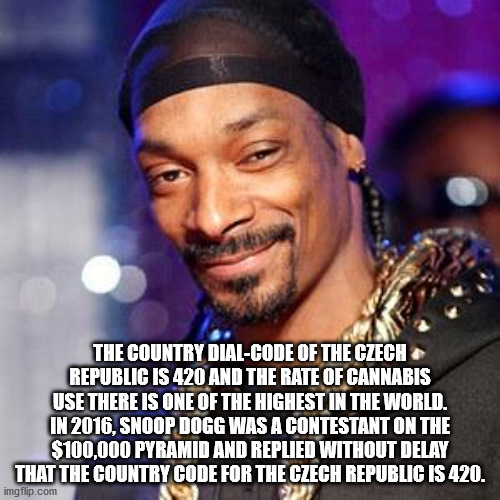 stay up in yo hizzle - The Country DialCode Of The Czech Republic Is 420 And The Rate Of Cannabis Use There Is One Of The Highest In The World. In 2016, Snoop Dogg Was A Contestant On The $100,000 Pyramid And Replied Without Delay That The Country Code Fo