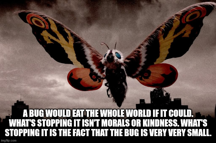 volcarona mothra - A Bug Would Eat The Whole World If It Could. What'S Stopping It Isn'T Morals Or Kindness. What'S Stopping It Is The Fact That The Bug Is Very Very Small. imgflip.com