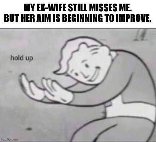 fallout hold up meme - My ExWife Still Misses Me. But Her Aim Is Beginning To Improve. hold up imgflip.com