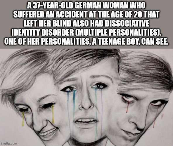 A 37YearOld German Woman Who Suffered An Accident At The Age Of 20 That Left Her Blind Also Had Dissociative Identity Disorder Multiple Personalities. One Of Her Personalities, A Teenage Boy, Can See. imgflip.com