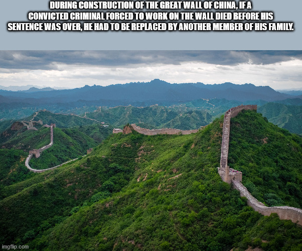 During Construction Of The Great Wall Of China, If A Convicted Criminal Forced To Work On The Wall Died Before His Sentence Was Over, He Had To Be Replaced By Another Member Of His Family imgflip.com