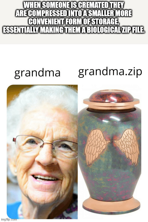 grandma zip meme - When Someone Is Cremated They Are Compressed Into A Smaller More Convenient Form Of Storage, Essentially Making Them A Biological Zip File. grandma grandma.zip O imgflip.com