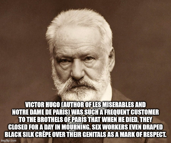 victor hugo - Victor Hugo Author Of Les Miserables And Notre Dame De Paris Was Such A Frequent Customer To The Brothels Of Paris That When He Died, They Closed For A Day In Mourning. Sex Workers Even Draped Black Silk Crepe Over Their Genitals As A Mark O