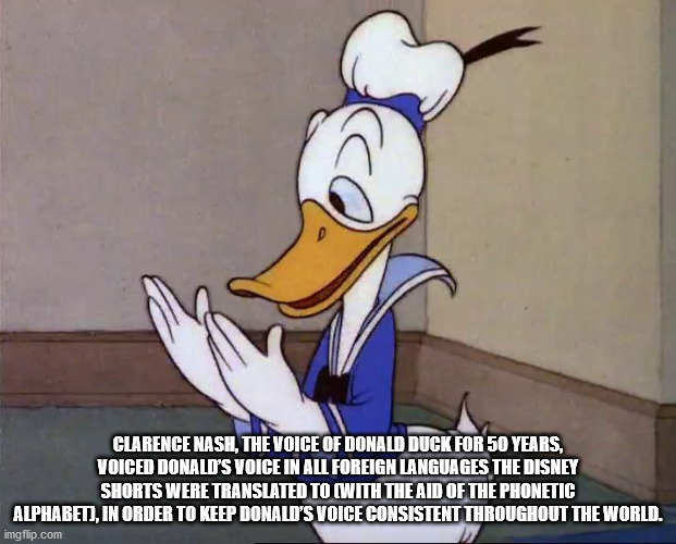 cartoon - Clarence Nash, The Voice Of Donald Duck For 50 Years, Voiced Donald'S Voice In All Foreign Languages The Disney Shorts Were Translated To With The Aid Of The Phonetic Alphabet, In Order To Keep Donald'S Voice Consistent Throughout The World. img