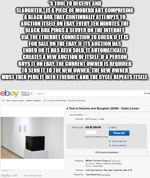 web page - "A Tool To Deceive And Slaughter," Is A Piece Of Modern Art Comprising A Black Box That Continually Attempts To Auction Itself On Ebay. Every Ten Minutes The Black Box Pings A Server On The Internet Via The Ethernet Connection To Check If It Is