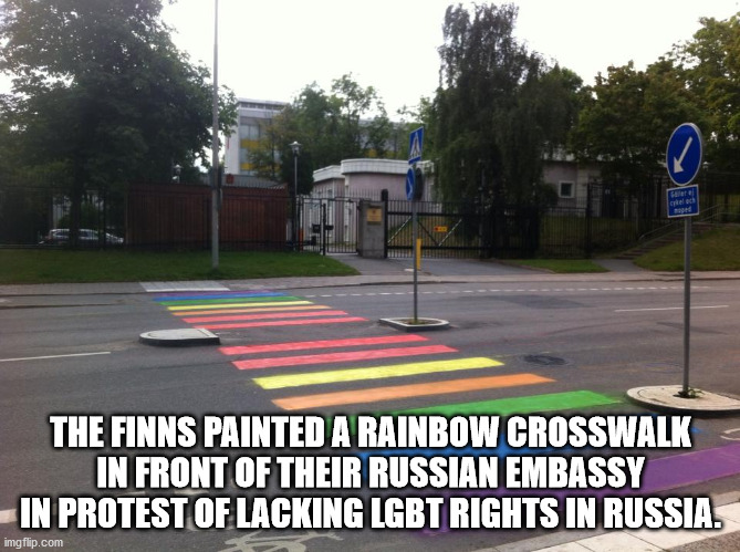 street art lgbt - ed The Finns Painted A Rainbow Crosswalk In Front Of Their Russian Embassy In Protest Of Lacking Lgbt Rights In Russia. imgflip.com