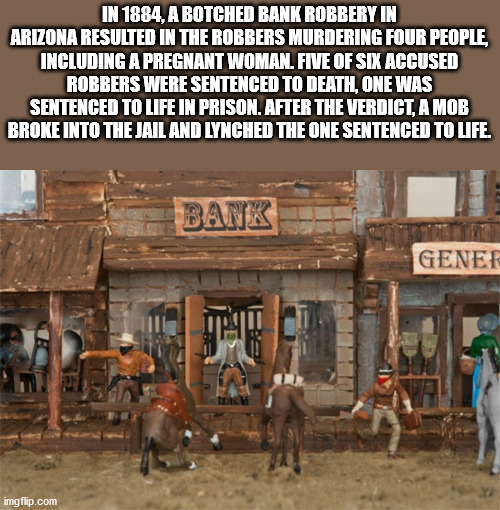 In 1884, A Botched Bank Robbery In Arizona Resulted In The Robbers Murdering Four People Including A Pregnant Woman. Five Of Six Accused Robbers Were Sentenced To Death, One Was Sentenced To Life In Prison. After The Verdict, A Mob Broke Into The Jail And