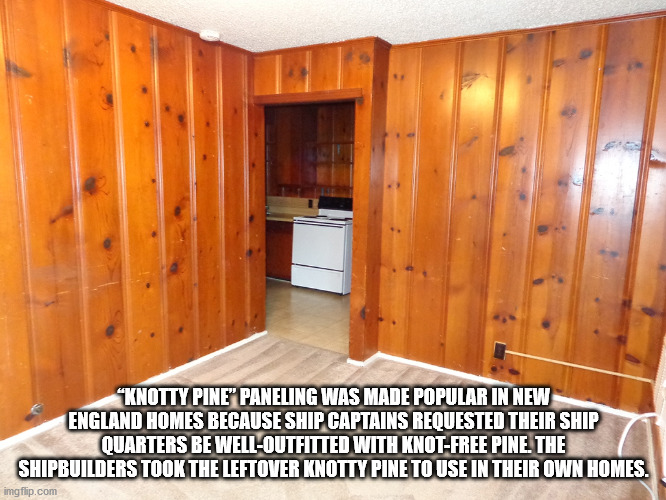 wall - "Knotty Pine" Paneling Was Made Popular In New England Homes Because Ship Captains Requested Their Ship Quarters Be WellOutfitted With KnotFree Pine. The Shipbuilders Took The Leftover Knotty Pine To Use In Their Own Homes. imgflip.com