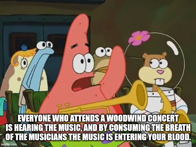 funny spongebob quotes - Everyone Who Attends A Woodwind Concert Is Hearing The Music, And By Consuming The Breath Of The Musicians The Music Is Entering Your Blood. imgflip.com