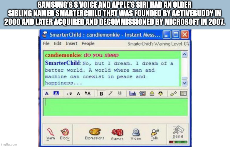 screenshot - Samsung'S S Voice And Apple'S Siri Had An Older Sibling Named Smarterchild That Was Founded By Activebuddy In 2000 And Later Acquired And Decommissioned By Microsoft In 2007. SmarterChild candiemonkie Instant Mess... Ox File Edit Insert Peopl